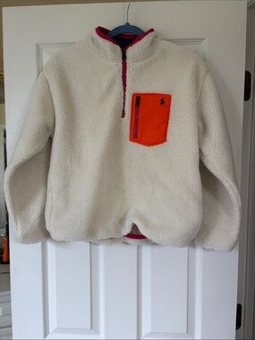 Polo by Ralph Lauren Kids Cream Sherpa Pullover with Orange Pocket and Pink Trim